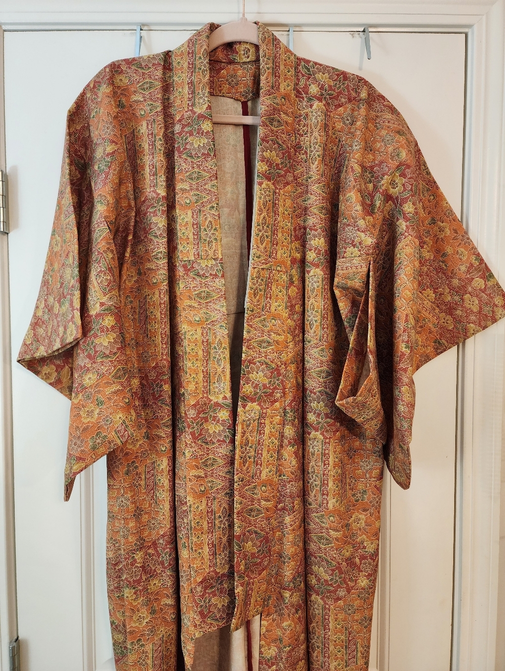 Japanese Kimono Floral Rust Gold Wrap Robe Jacket Fits Up To 1X Asian Unlined - Picture 4 of 8